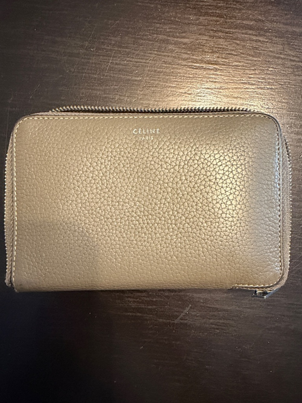 Celine Taupe Leather Zip Around Wallet
